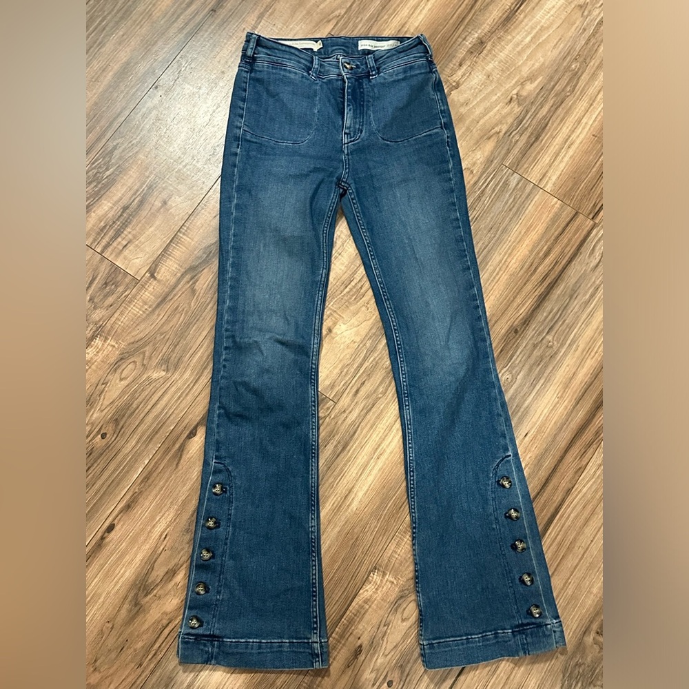 Anthropologie Dark Blue Button-Accent Flare Jeans